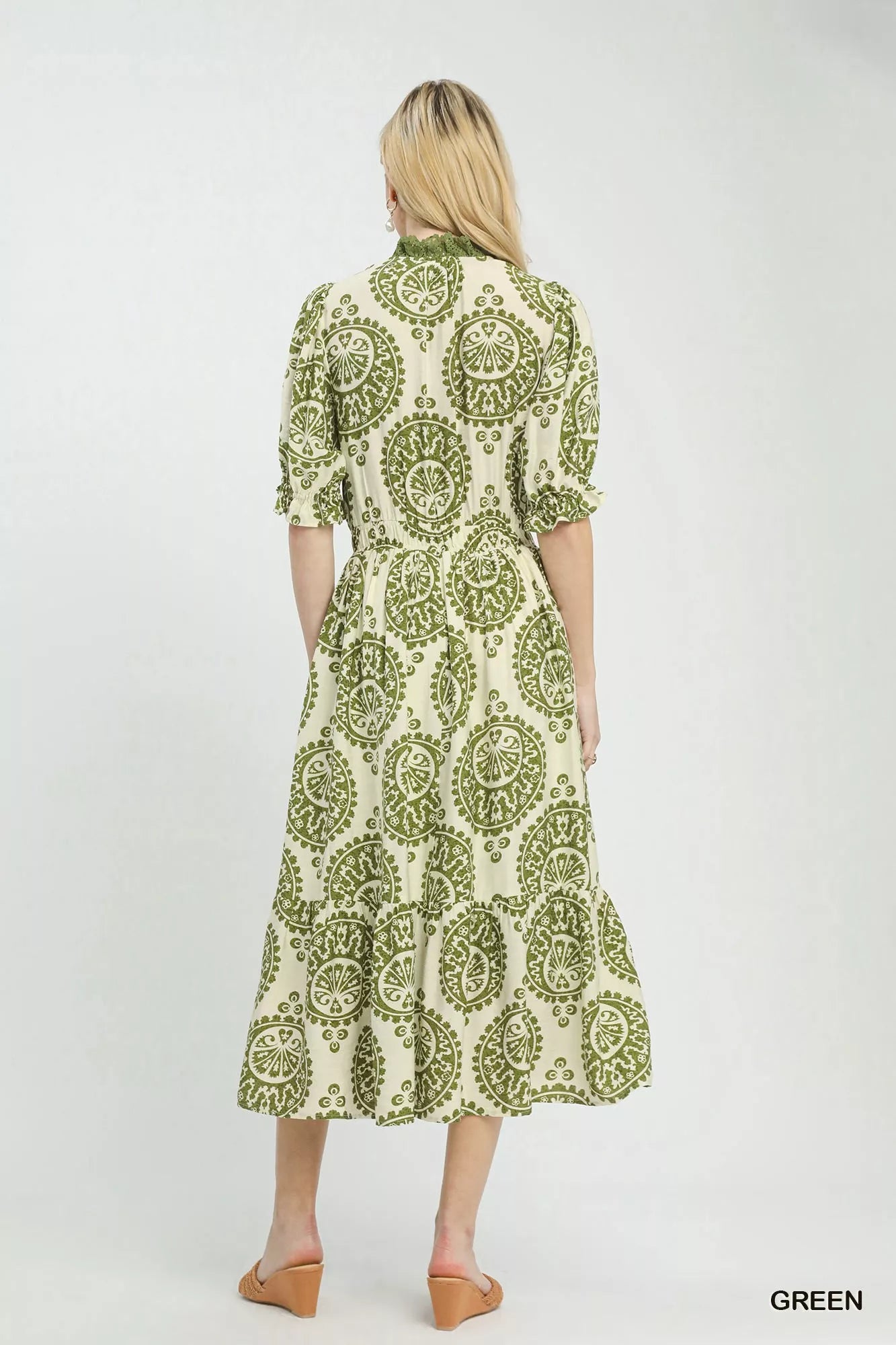Back view of Umgee paisley smocked waist midi dress showing smocked waist and pattern detail