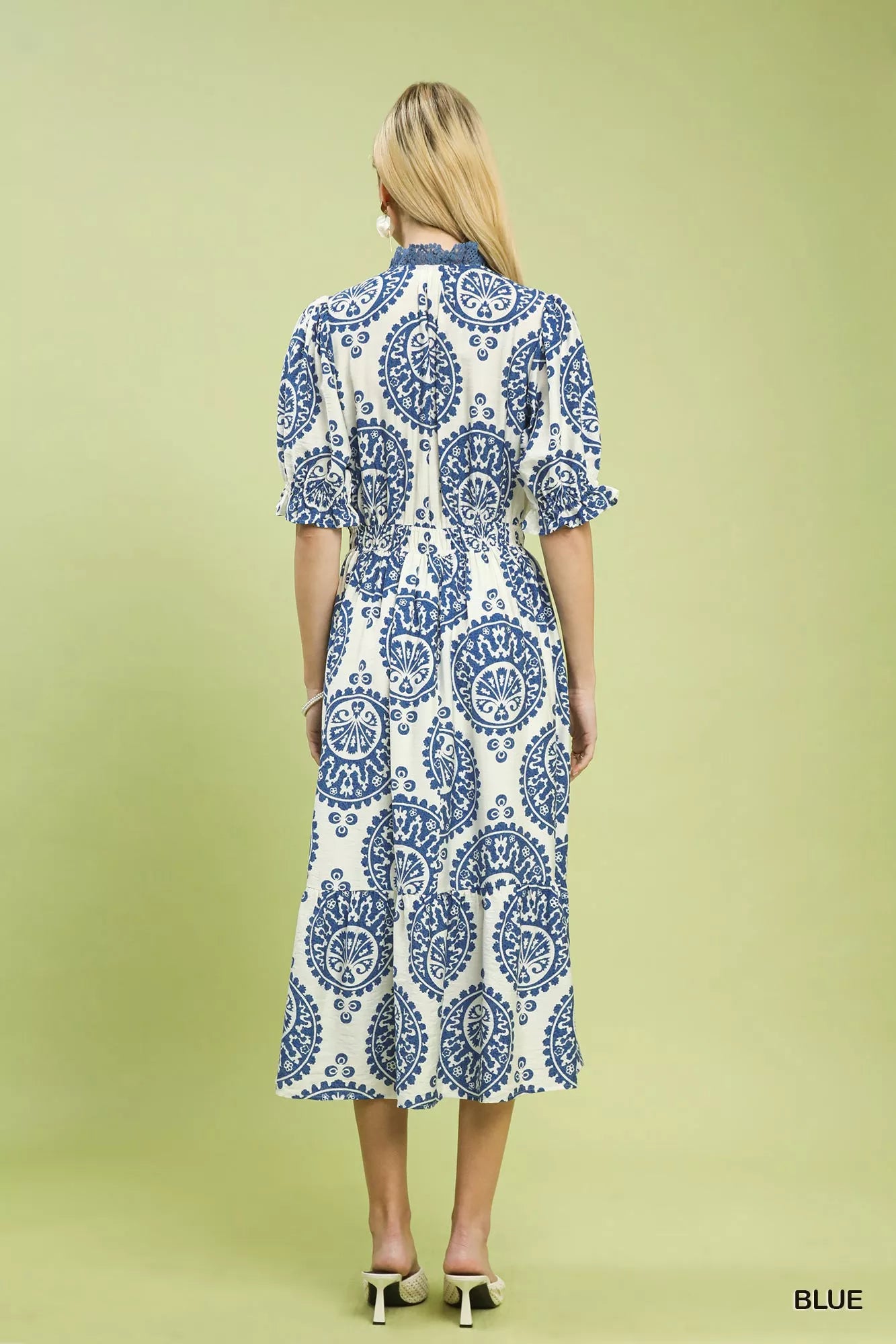 Back view of Umgee paisley smocked waist midi dress showing flowing silhouette and boho pattern
