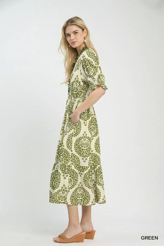 Side view of Umgee paisley smocked waist midi dress showing silhouette and drape