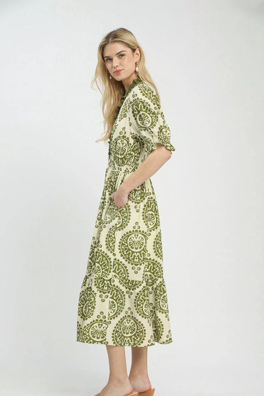 Side view of Umgee paisley smocked waist midi dress showing silhouette and drape