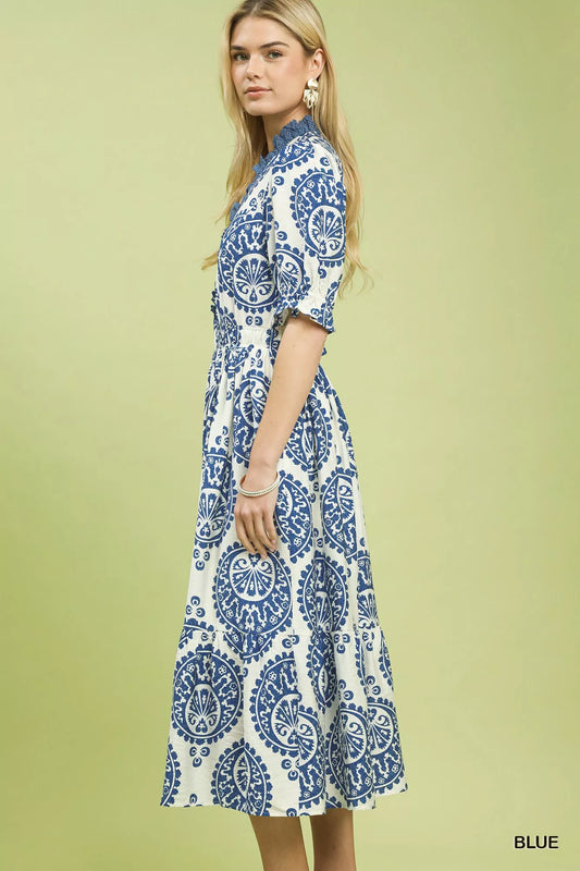 Side view of Umgee paisley midi dress highlighting smocked waist and lightweight, comfortable fabric