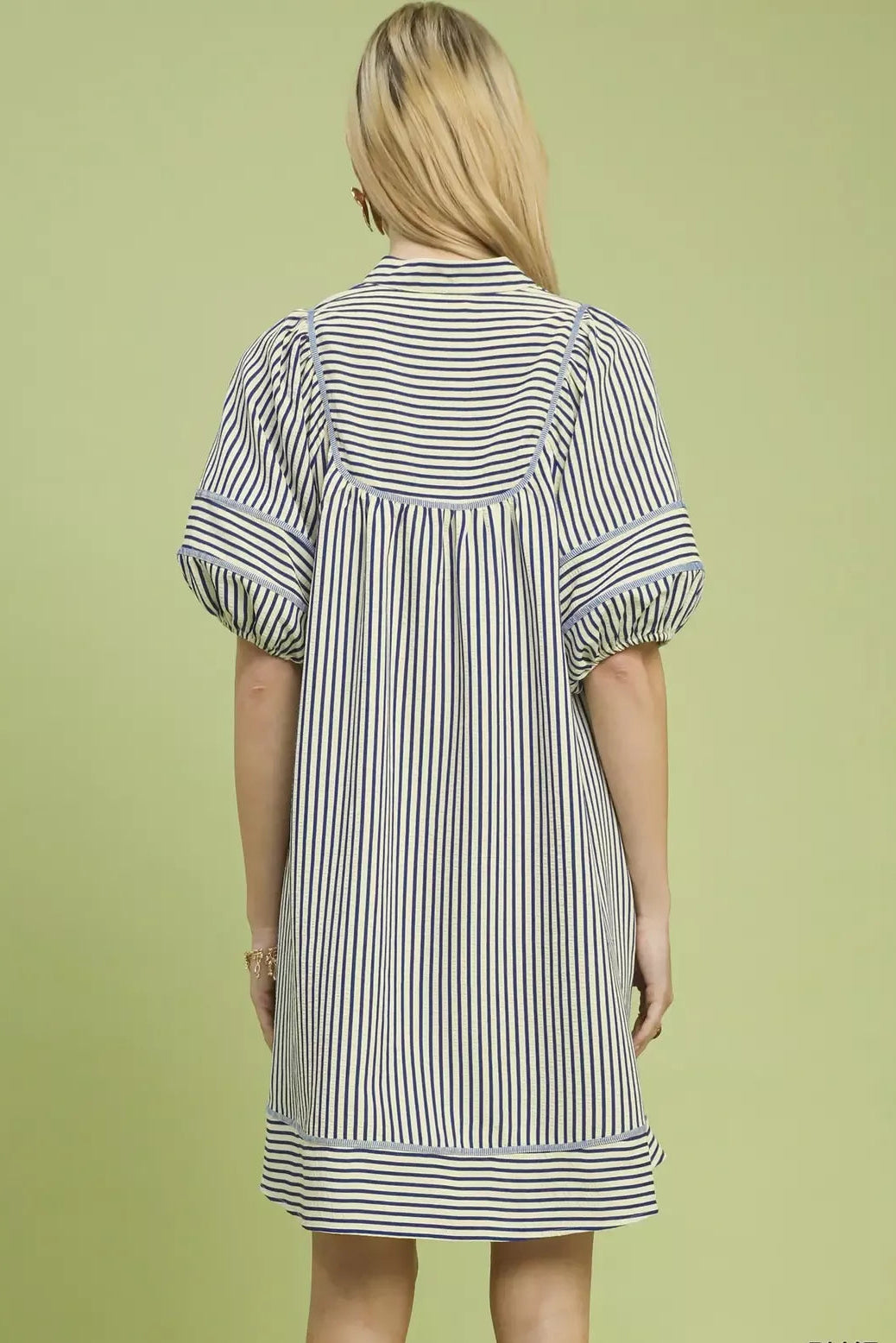 Umgee Striped Puff Sleeve Shift Dress back view - short mini dress with striped pattern continuing to back, relaxed shift shape, and puff sleeve detail from rear