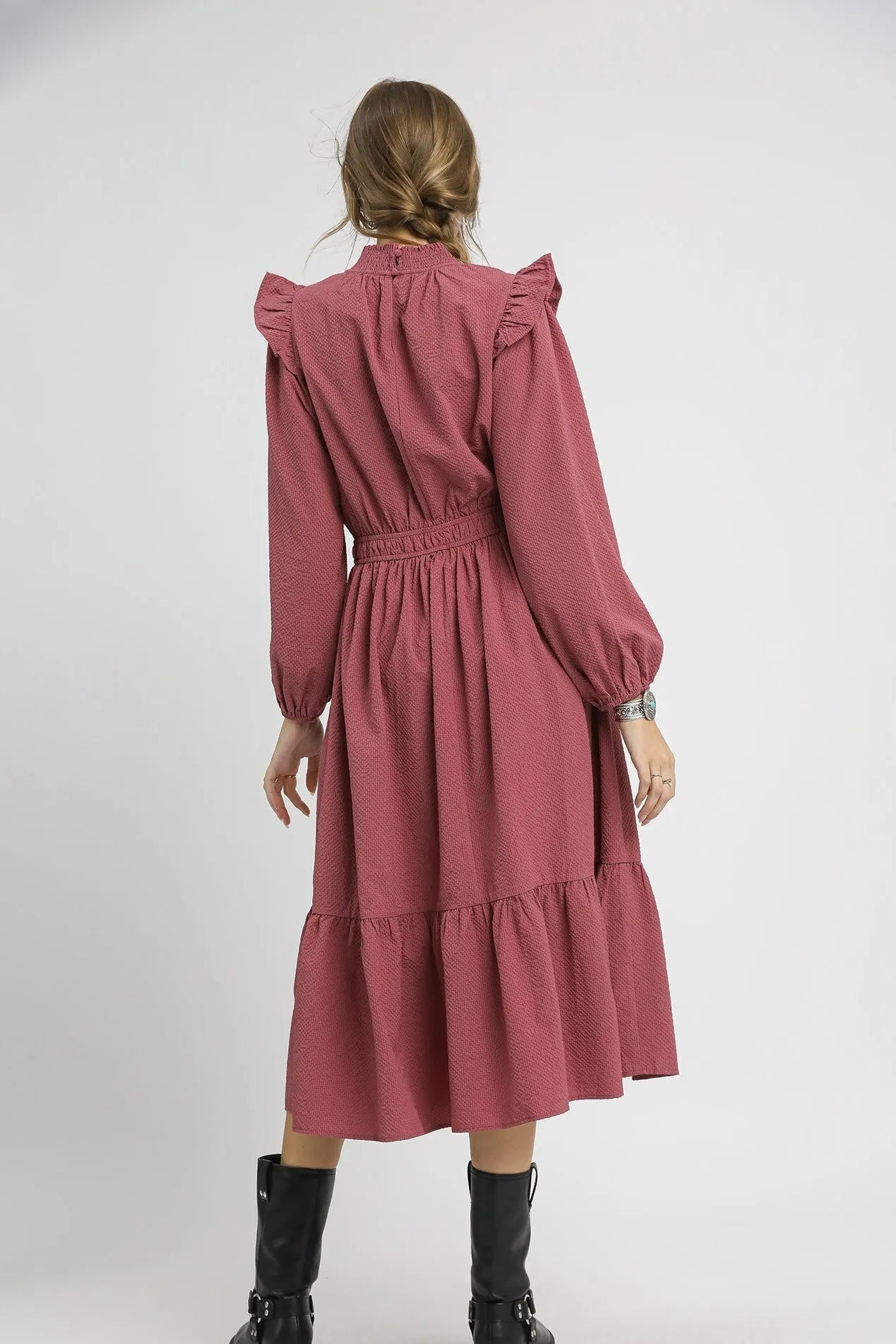 Textured Midi Dress with Ruffle Shoulder Detail by Umgee – Elegant