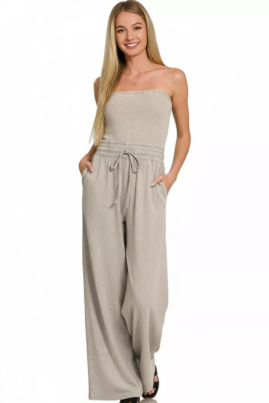 Zenana Acid Washed Strapless Tube Top Jumpsuit front detail showing fabric texture and strapless neckline