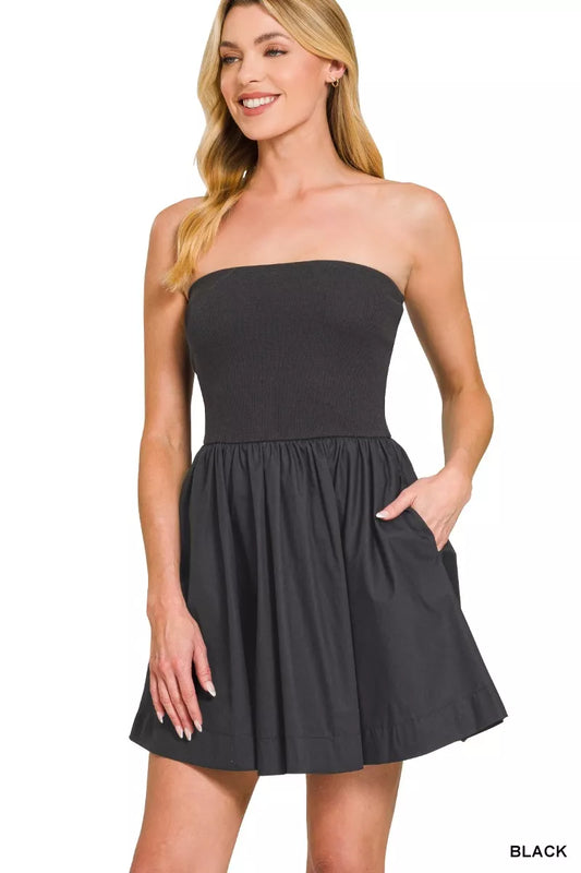 Front detail of Zenana knit tube top mini dress highlighting knit texture and flare hem