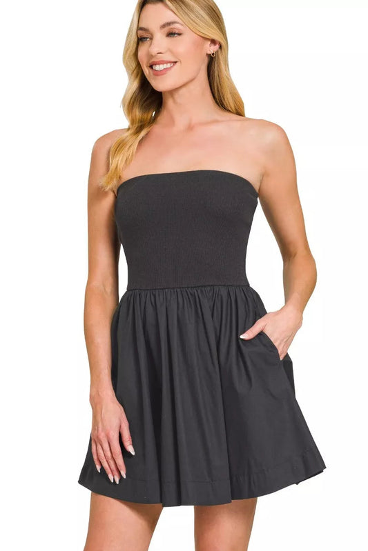 Front detail of Zenana knit tube top mini dress highlighting knit texture and flare hem