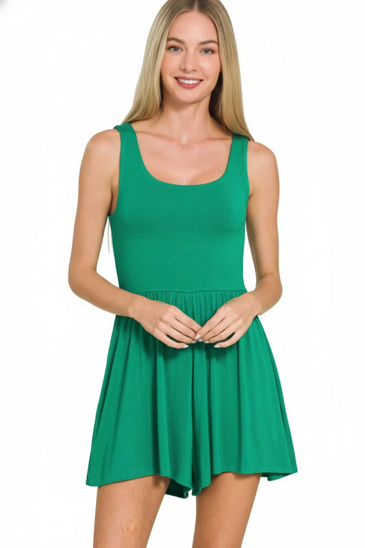 Model wearing Zenana Double Layered Tank Romper showcasing layered tank design and flattering silhouette