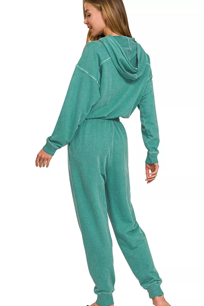 Zenana enzyme washed French terry jumpsuit back view, model facing away, relaxed one piece fit, soft cotton fabric, enzyme washed texture