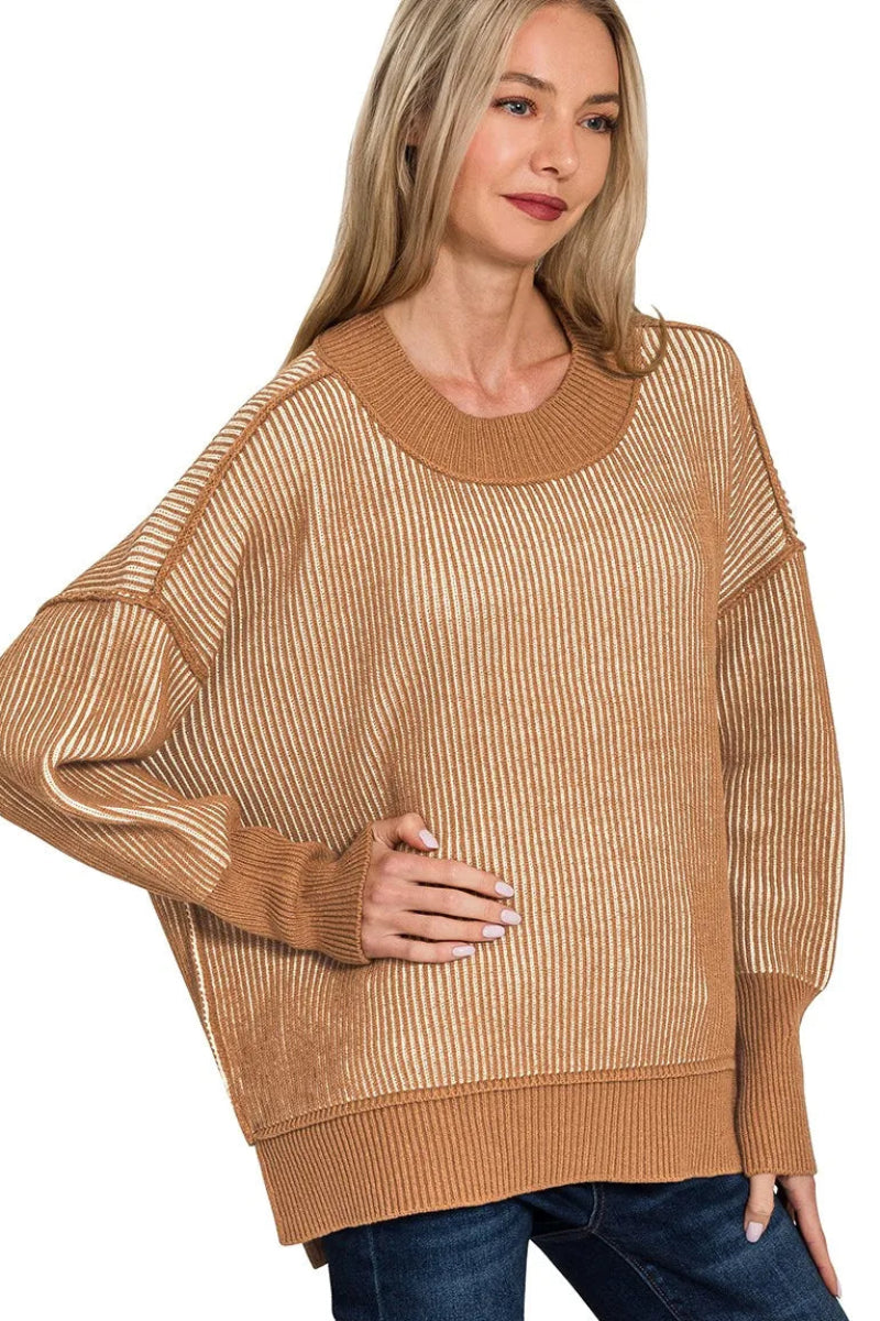Zenana Exposed Seam Two Tone Ribbed Sweater