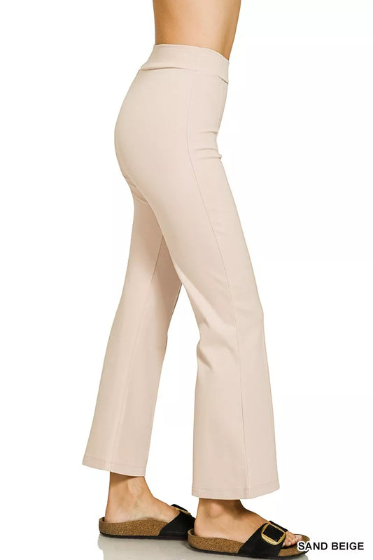 Side view of Zenana heavy ponte elastic waistband pants showing straight leg and smooth ponte fabric