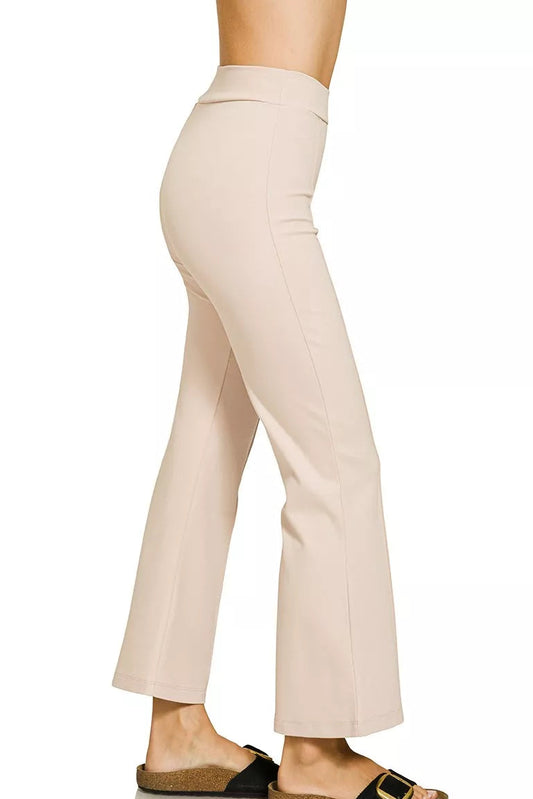 Side view of Zenana heavy ponte elastic waistband pants showing straight leg and smooth ponte fabric