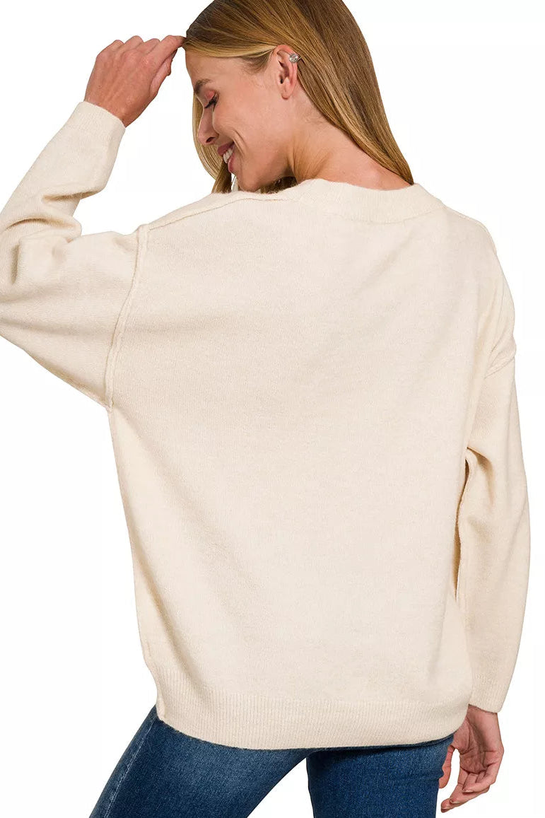 Melange Front Seam Round-Neck Sweater by Zenana – Cozy & Stylish