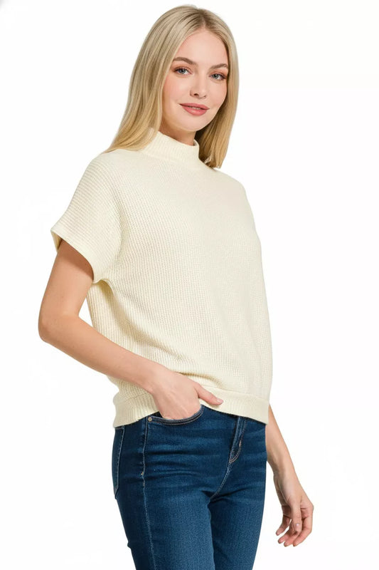 Side view of Zenana mock neck short sleeve sweater highlighting flattering fit.
