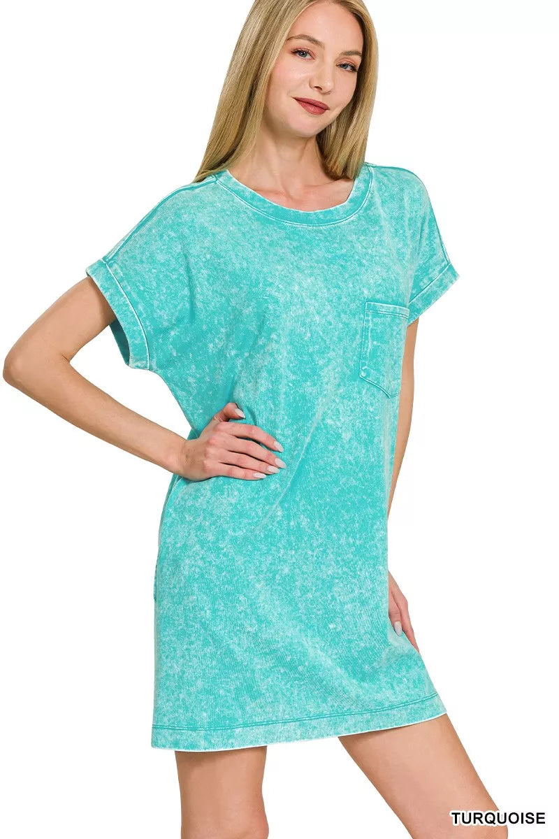 Front angle of Zenana premium cotton washed T-shirt dress showing relaxed fit.