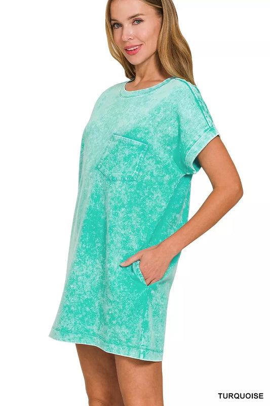 Side view of Zenana premium cotton washed T-shirt dress highlighting soft drape.