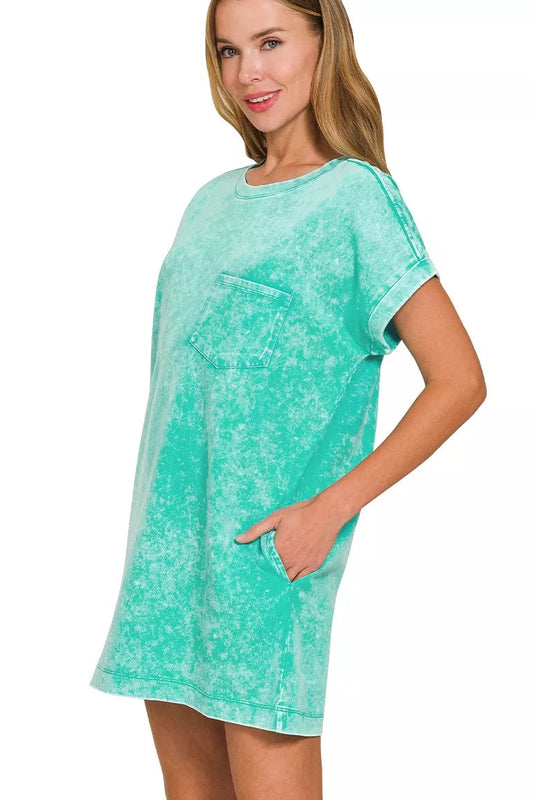 Side view of Zenana premium cotton washed T-shirt dress highlighting soft drape.