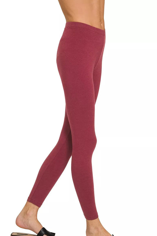 Side view of Zenana premium cotton full length leggings, showing ankle length inseam and comfortable stretch fit from waist to hem.