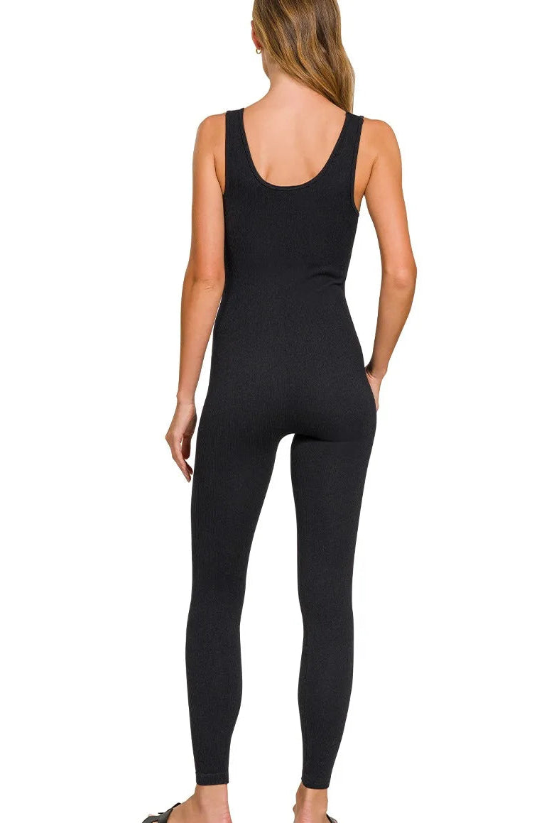Back view of Zenana breathable ribbed sports jumpsuit highlighting seamless construction and flattering activewear fit