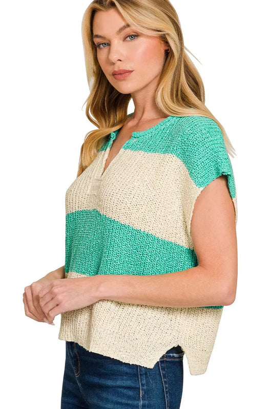 Split Neck Sleeveless Stripe Sweater | Zenana | Centprime