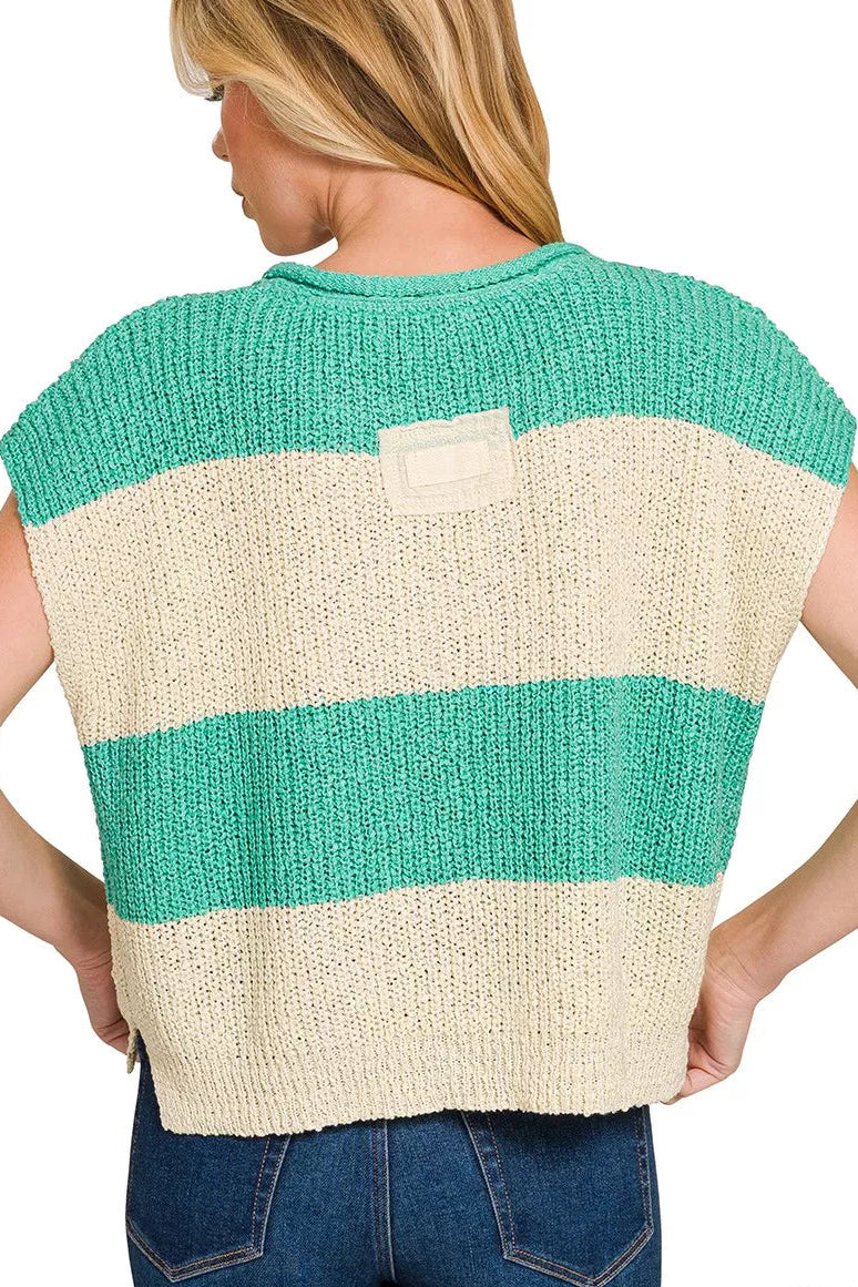 Split Neck Sleeveless Stripe Sweater | Zenana | Centprime