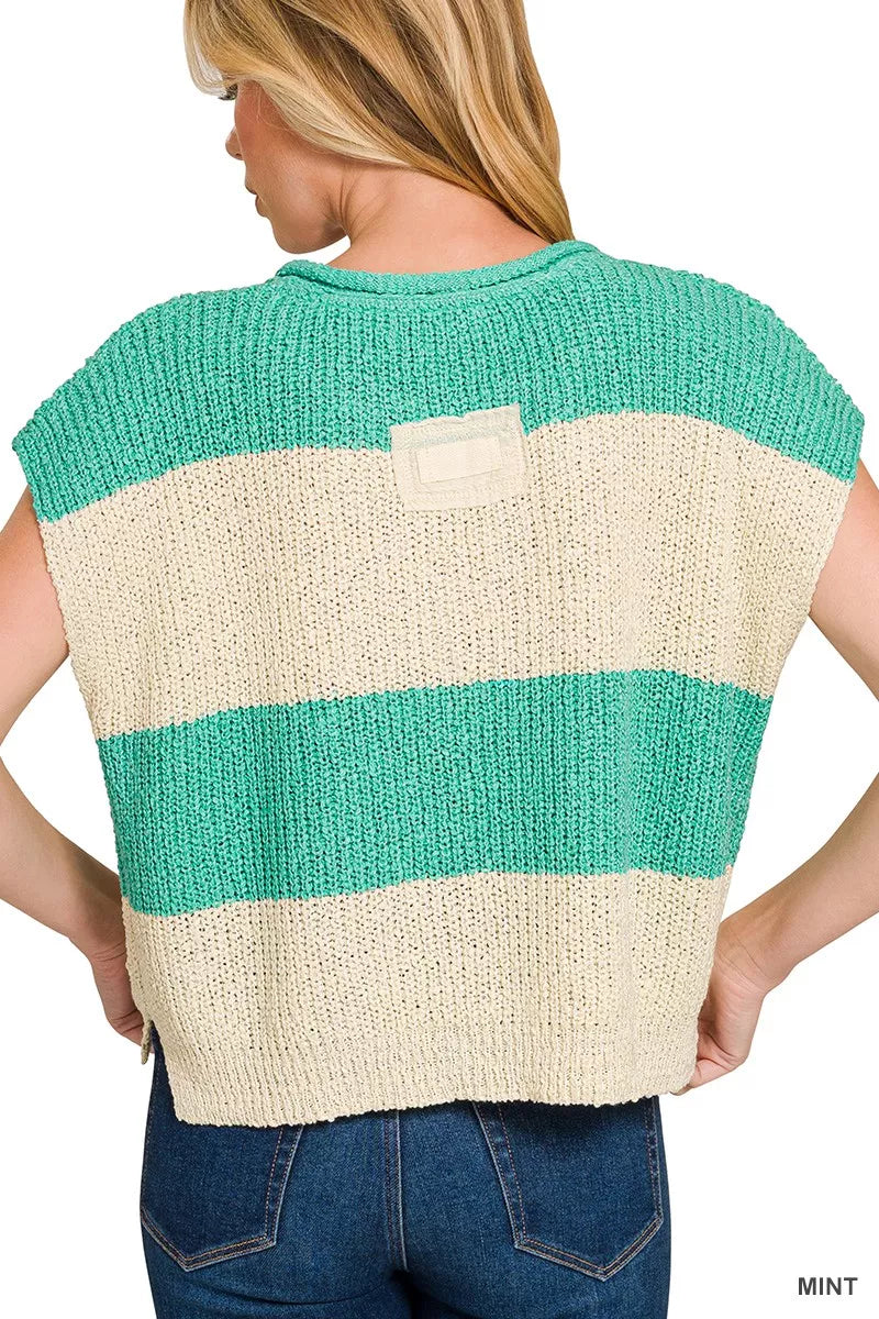 Split Neck Sleeveless Stripe Sweater | Zenana | Centprime