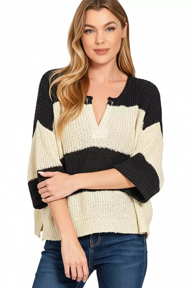 Split Neck Stripe Sweater – Zenana Stylish and Cozy Knitwear