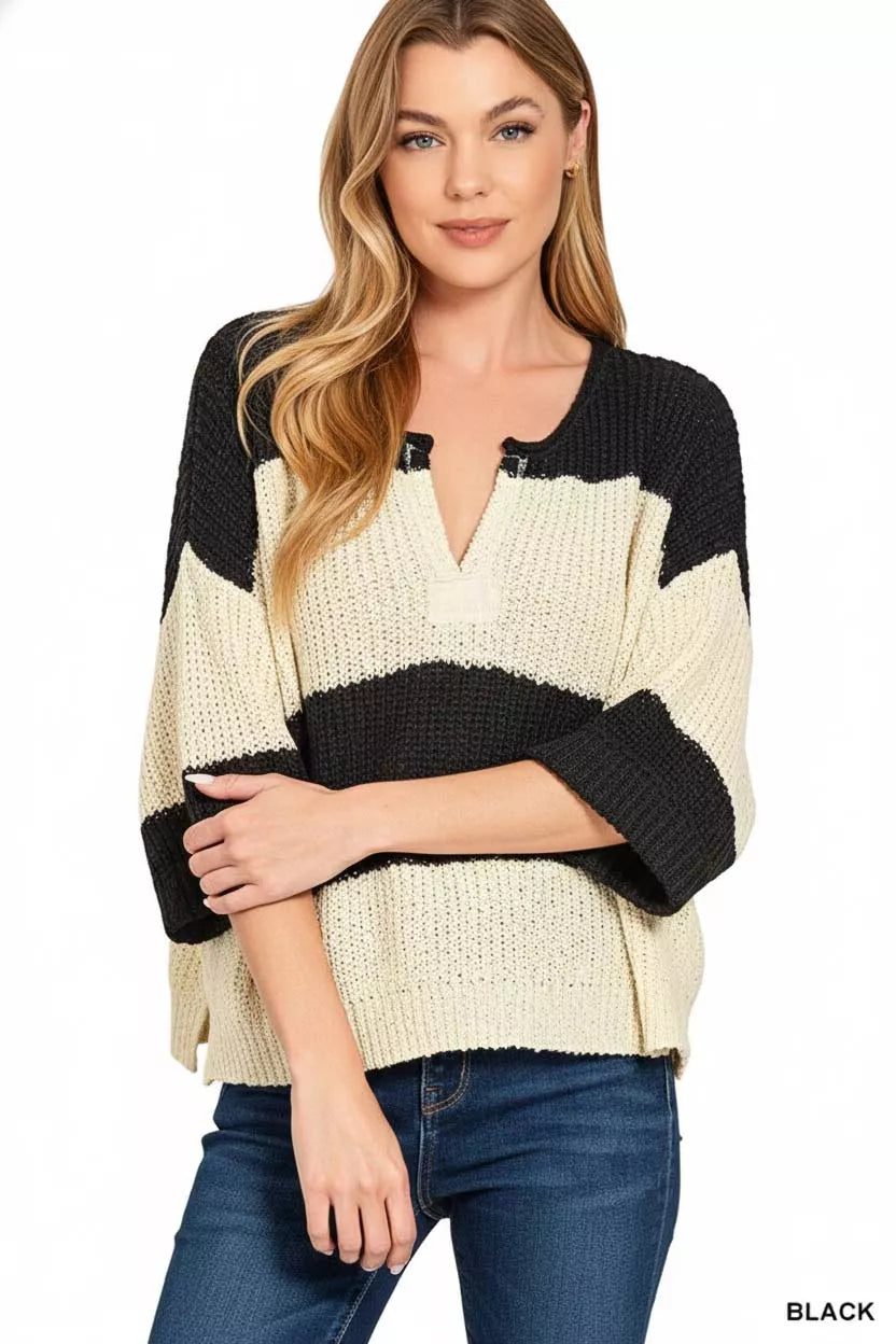 Split Neck Stripe Sweater – Zenana Stylish and Cozy Knitwear