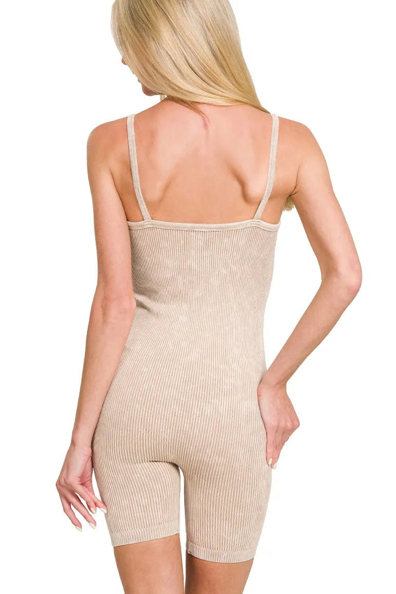 Alt text: Zenana stone washed ribbed seamless romper back view, model facing away, bodycon lounge one piece, seamless stretchy fit, stone washed finish