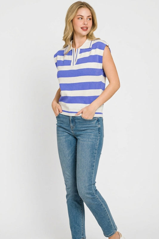 Full front view of Zenana striped collared sweater vest in viscose knit with polo neck and sleeveless design.
