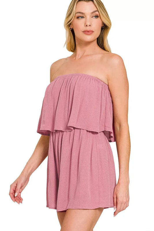 Front close-up of Zenana Woven Crinkle Strapless Romper highlighting strapless design and woven crinkle texture