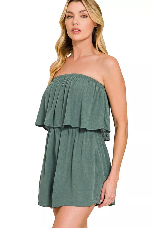 Zenana Woven Crinkle Strapless Rompers side view showing relaxed fit and breezy crinkle fabric silhouette