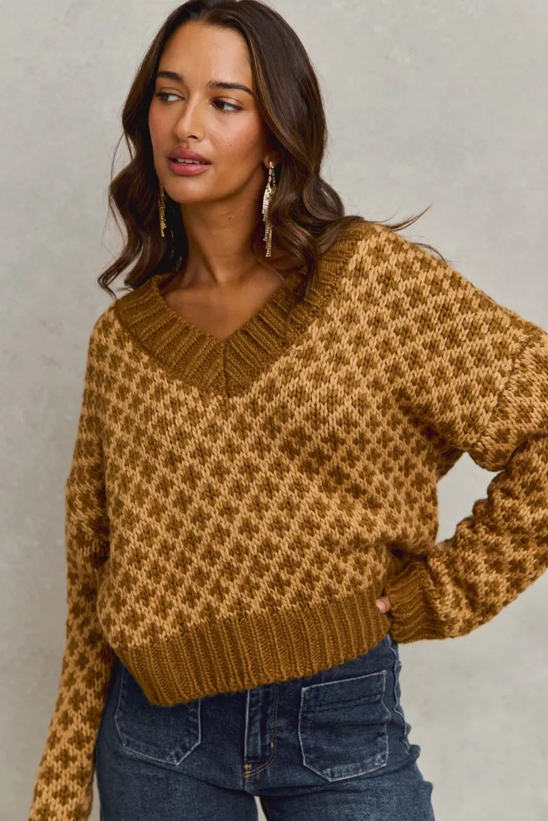 Color Block Textured Christmas Sweater by SO ME - Cozy V Neck Top