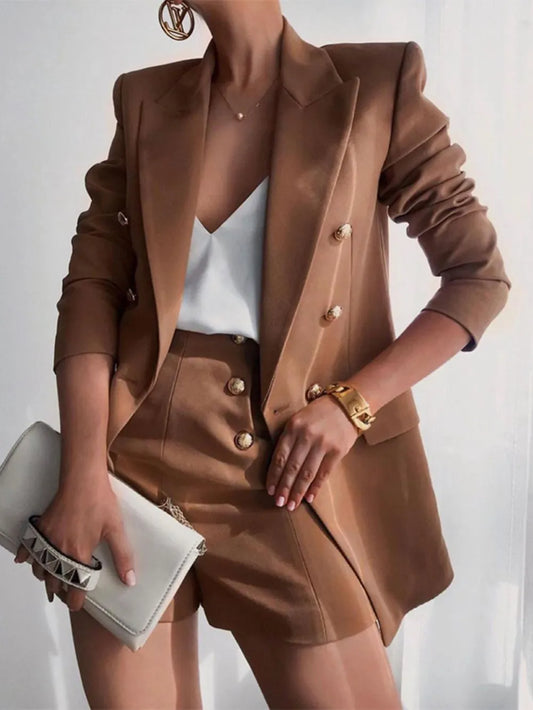 Lapel Collar Long Sleeve Blazer and Shorts Set – Stylish & Versatile Look