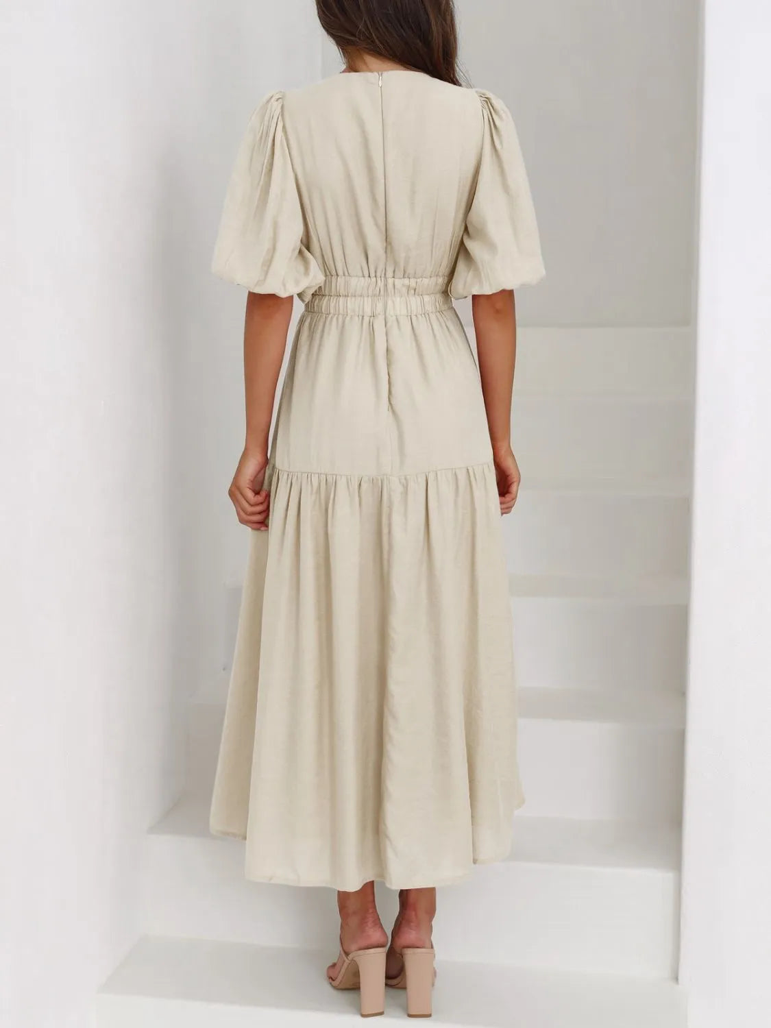 V-Neck Puff Sleeve Midi Dress | Elegant Styles at CentPrime