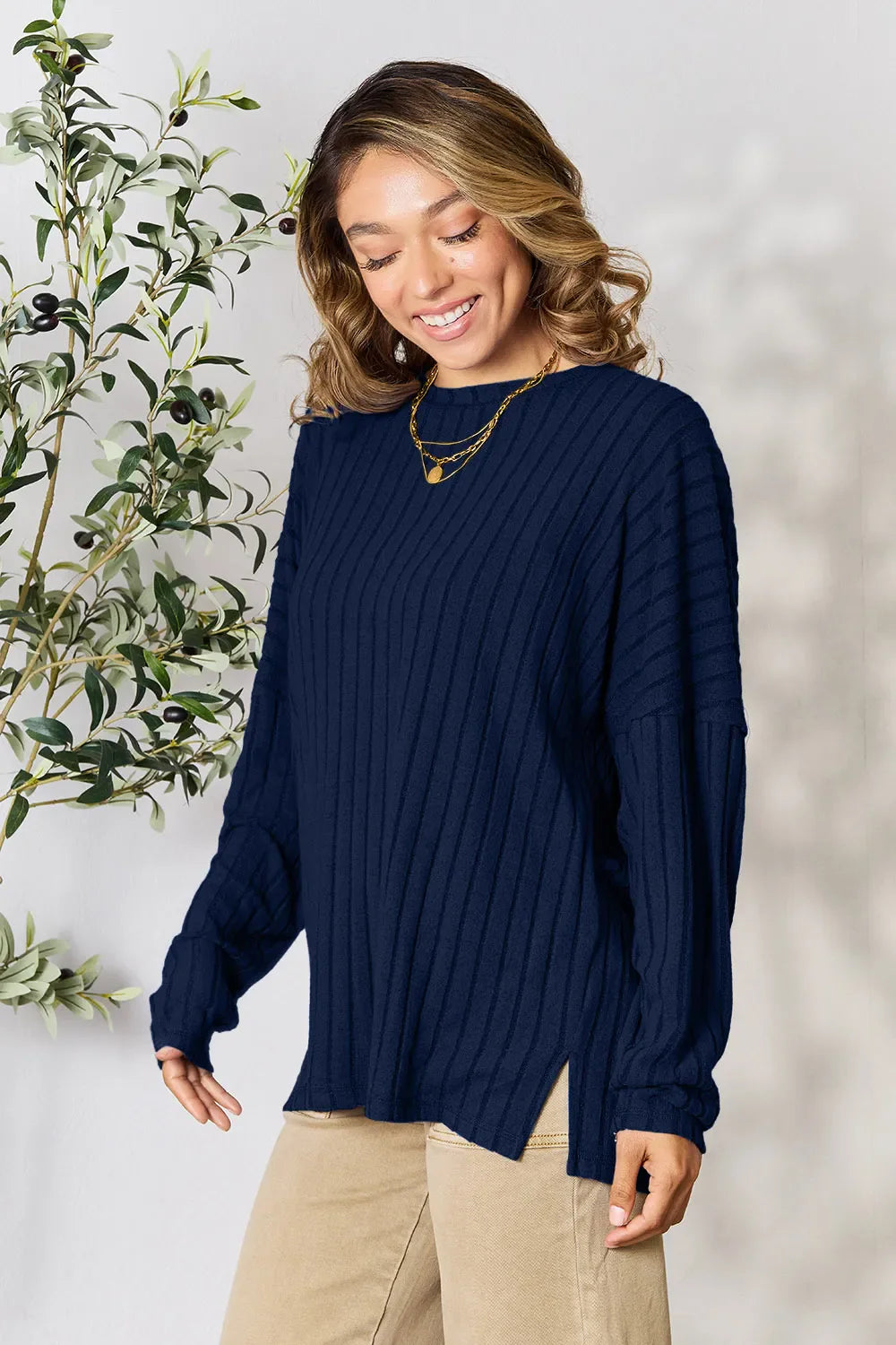 Basic Bae Full Size Ribbed Round Neck Slit Knit Top – Stylish Comfort
