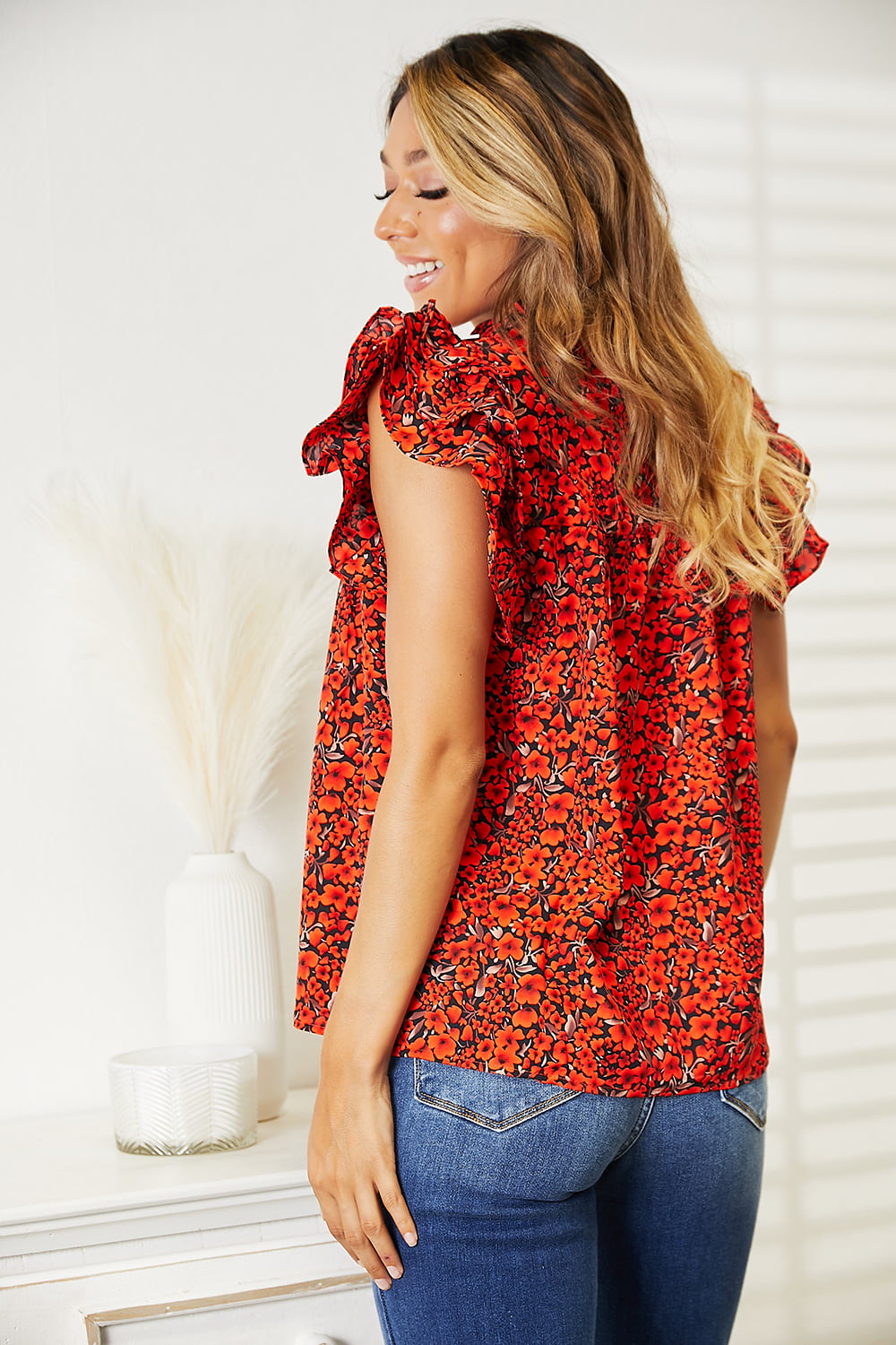Double Take Floral Flutter Sleeve Notched Neck Blouse - Feminine Chic