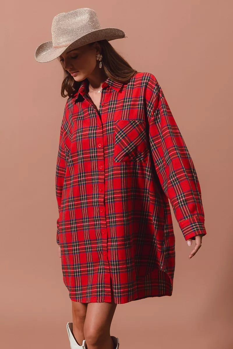 SO ME Christmas Checker Plaid Button Up Shirt Dress – Festive Style