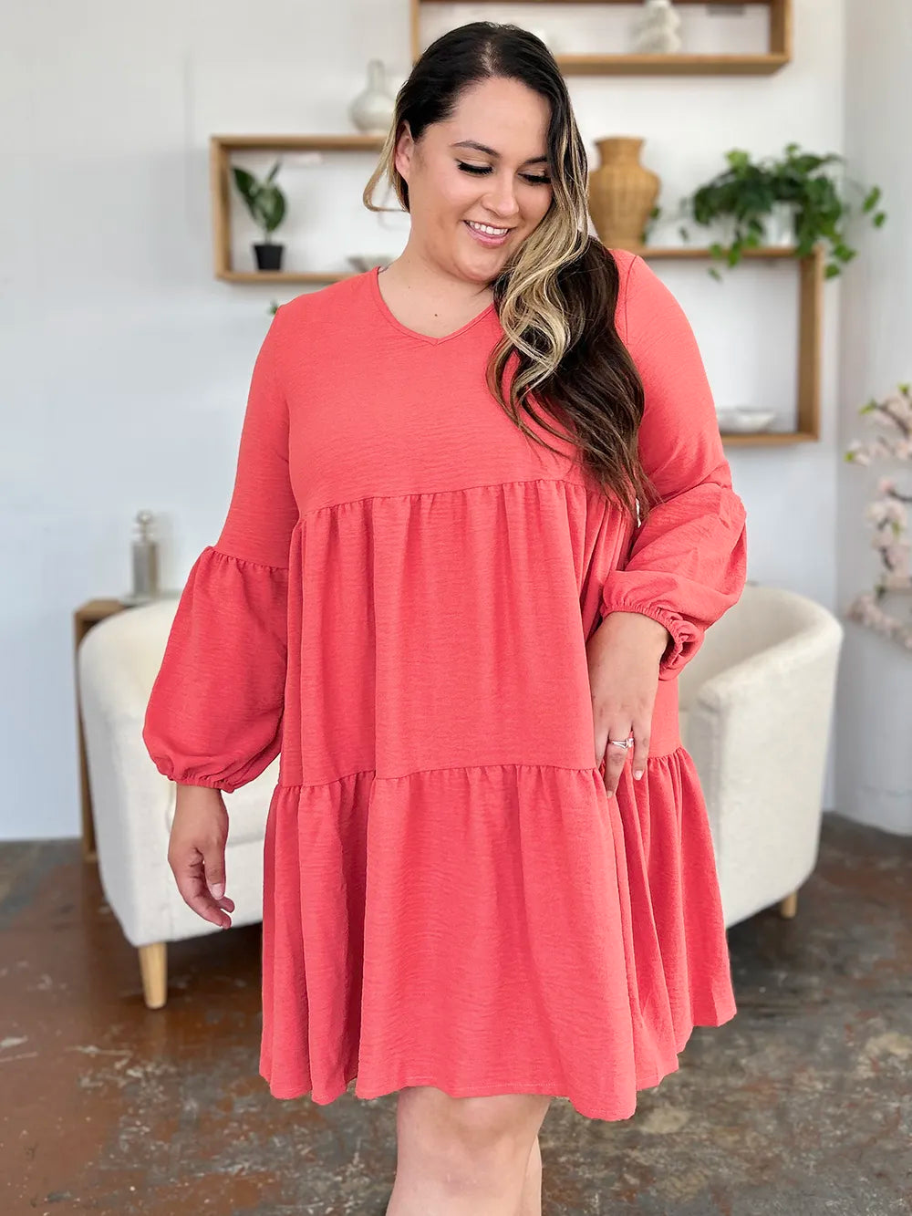 Double Take Full Size V-Neck Balloon Sleeve Tiered Dress | Pockets