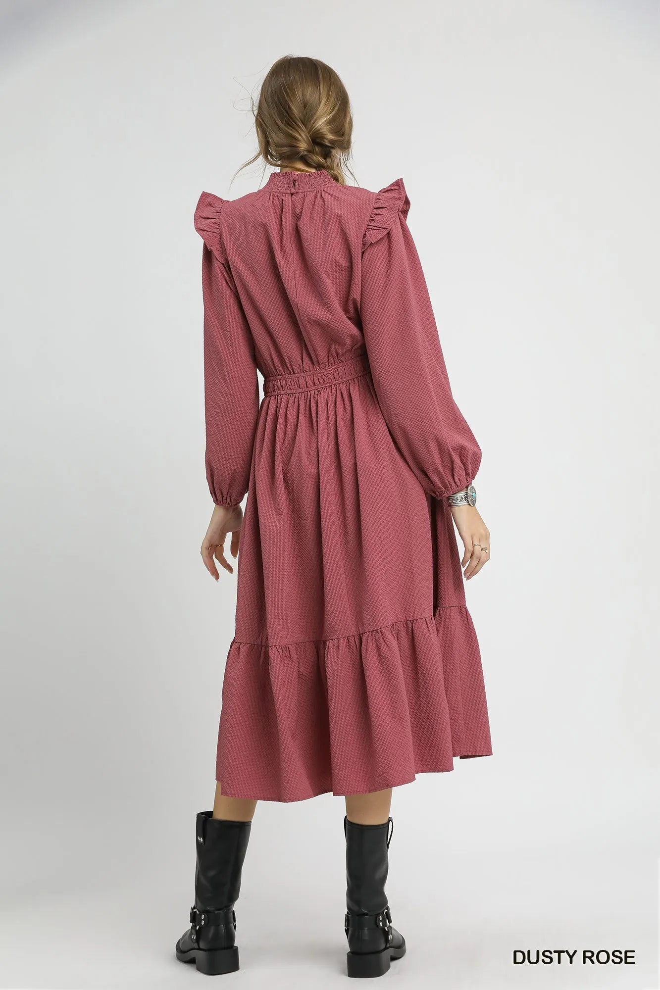 Textured Midi Dress with Ruffle Shoulder Detail by Umgee – Elegant