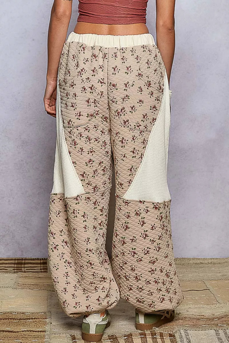 POL Drawstring Quilted Floral Knit Pants with Double Gauze Patchwork