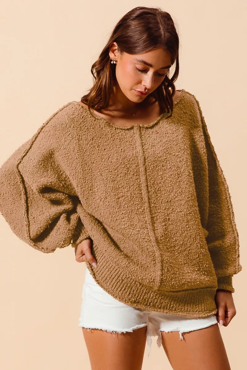 Loose Fit Exposed Seam Sweater by SO ME – Slouchy Boucle Style