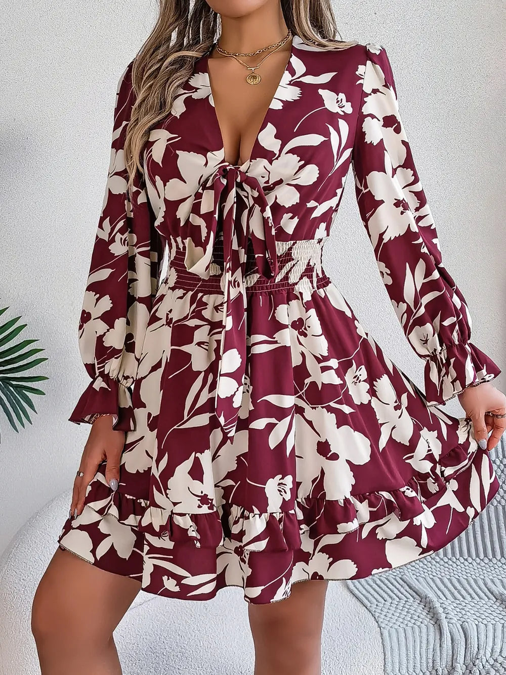 Tied Ruffled Printed Long Sleeve Dress – Shop Now