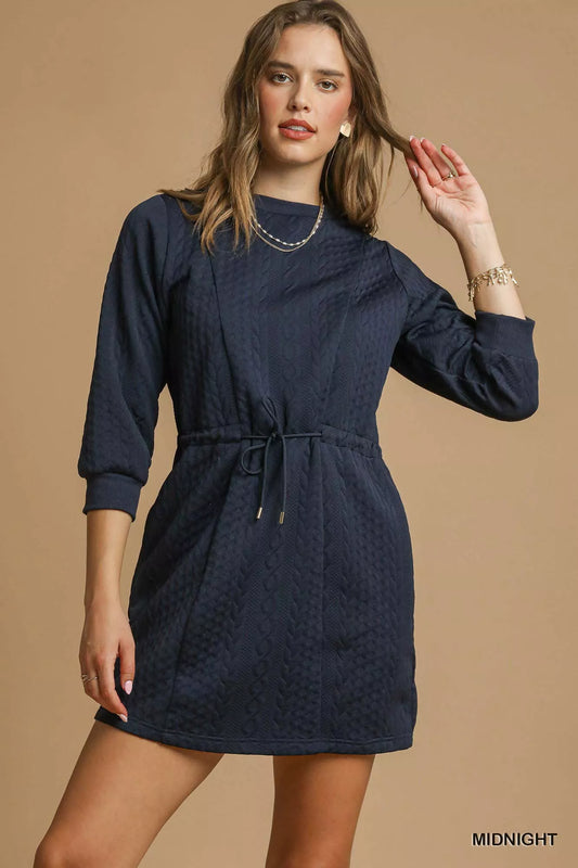 Umgee Drawstring Cable Knit Mini Dress with Pockets - Cozy & Chic