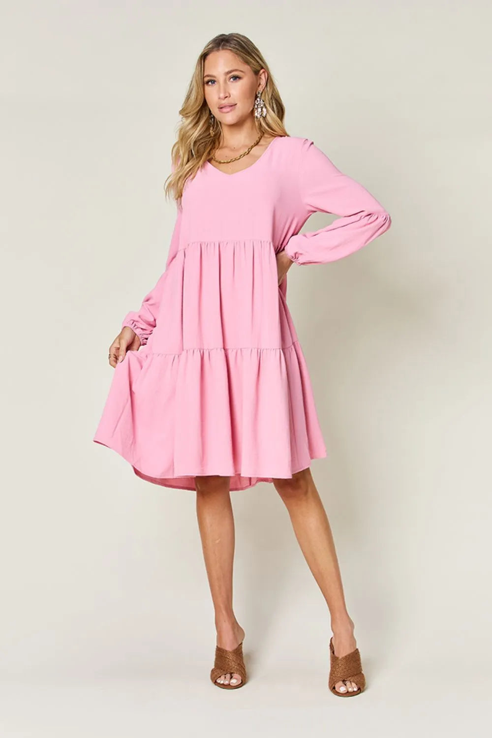 Double Take Full Size V-Neck Balloon Sleeve Tiered Dress | Pockets