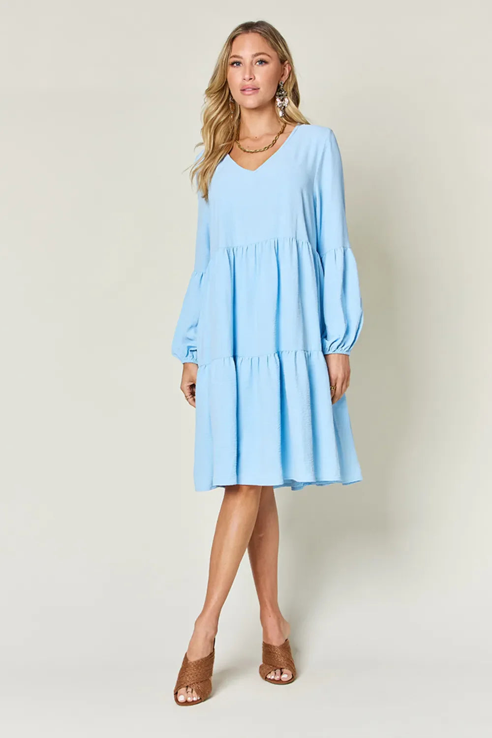 Double Take Full Size V-Neck Balloon Sleeve Tiered Dress | Pockets