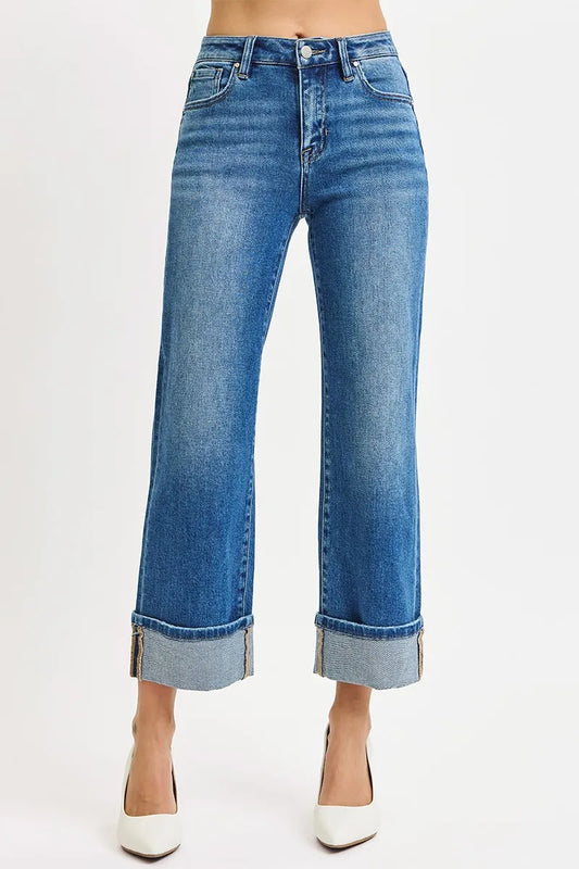 Mid Rise Crop Full Size Mid Rise Crop Straight Cuffed Jeans Plus Size