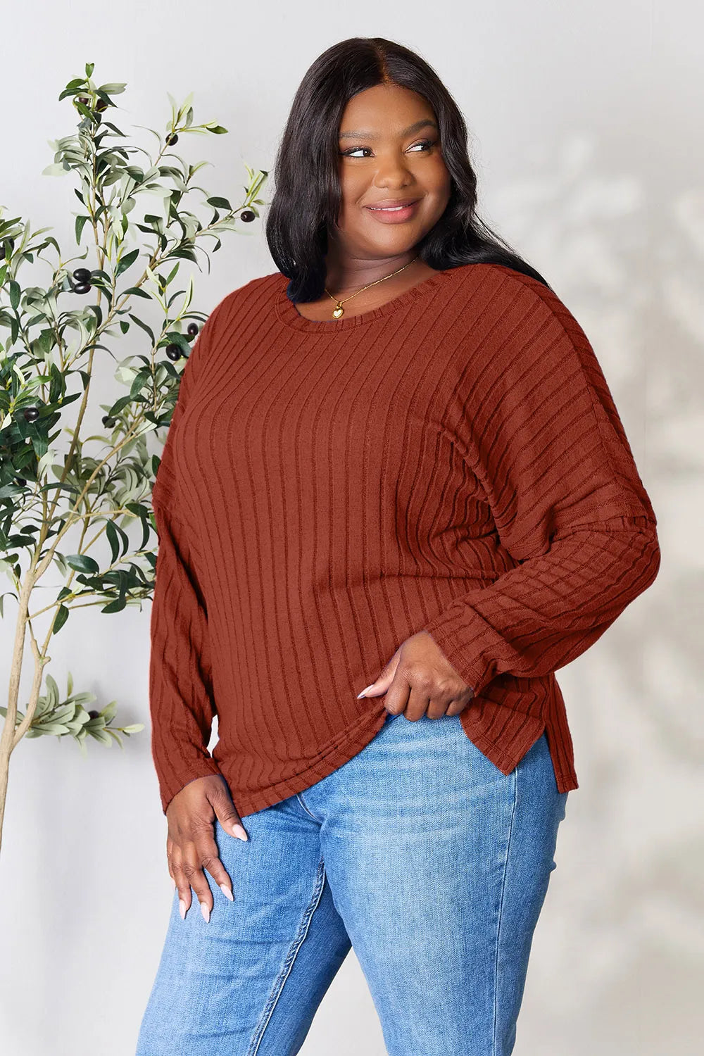 Basic Bae Full Size Ribbed Round Neck Slit Knit Top – Stylish Comfort