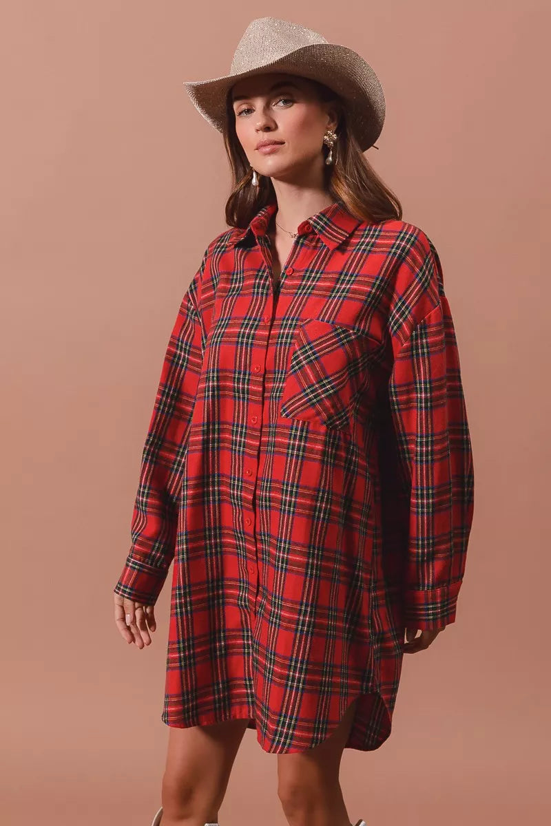 SO ME Christmas Checker Plaid Button Up Shirt Dress – Festive Style