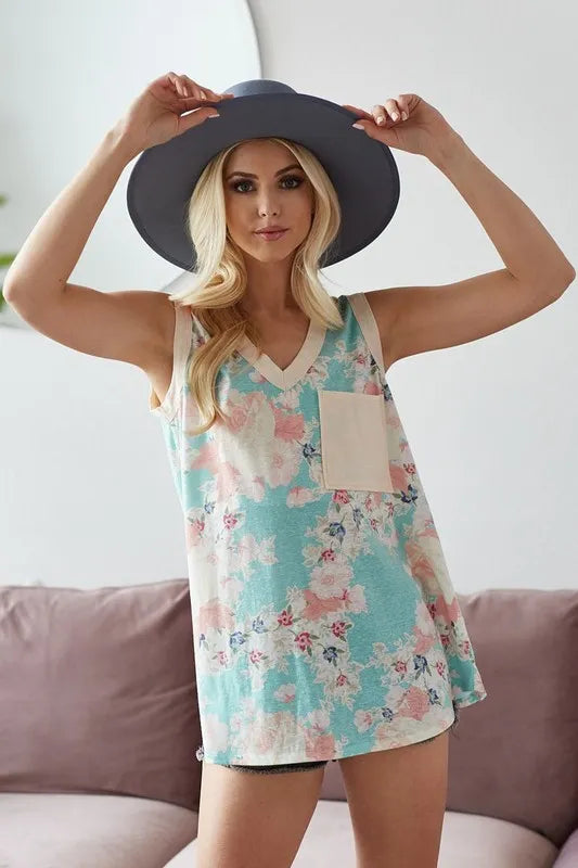 BiBi Multi Color Flower Printed Tank with Contrast Band - Stylish