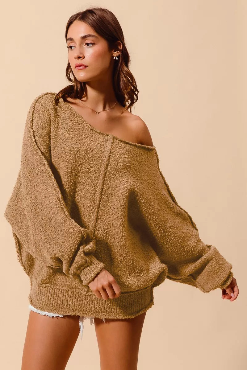 Loose Fit Exposed Seam Sweater by SO ME – Slouchy Boucle Style